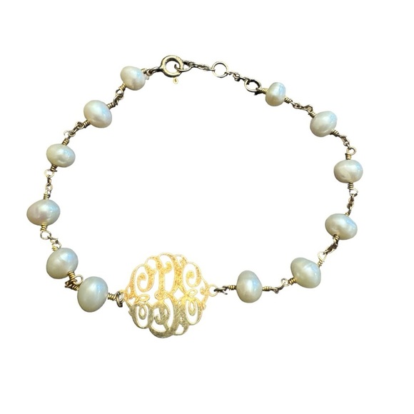925 Sterling Silver Cultured White Pearl Bracelet Monogram Personalized EBE - Picture 1 of 13